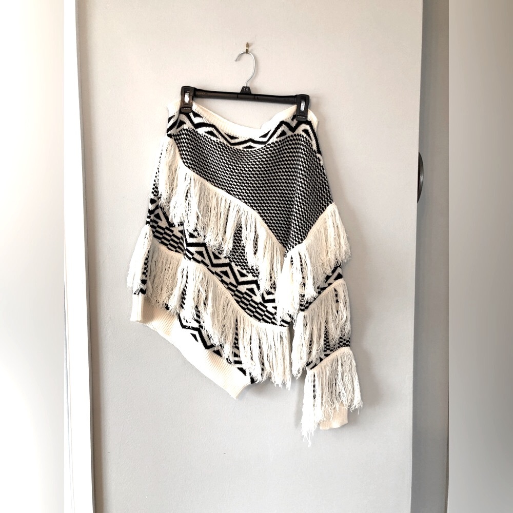 Mazik Black & White One Shoulder Sweater with Fringe, NWOT, Size Small